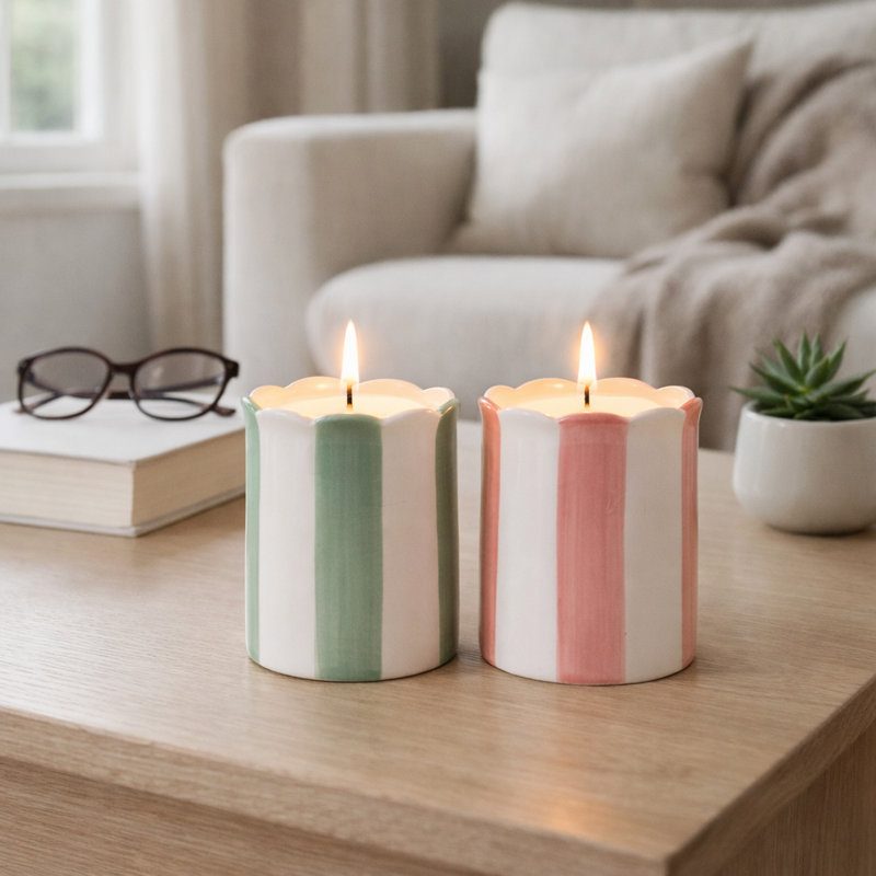 Bougies parfumées à la noix de coco, au goji et à l'orange pour la décoration du salon - Bougies modernes en céramique pour table basse, étagère, chambre - Lot de 2, 10 cm