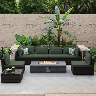 8-Piece Rattan Patio Conversation Set with Cushions and 56-Inch Outdoor Fire Pit Table by Latitude Run