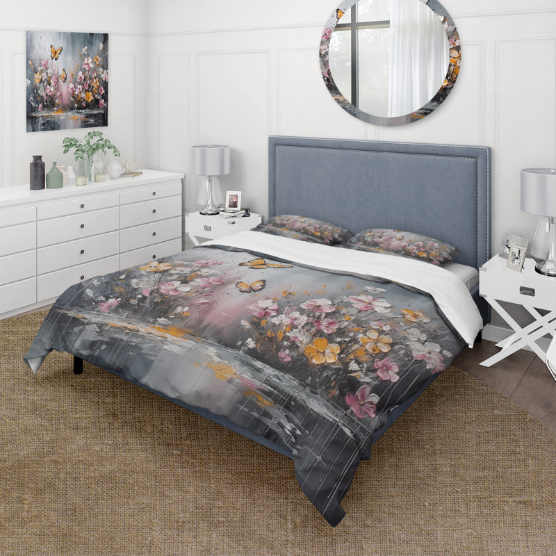 Ensemble de housse de couette Flowers and White Butterflies II Bedding, Housse de couette simple + 1 taie décorative stan