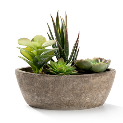 Mini arrangement de plantes succulentes en plastique avec un pot de pâte à papier décoratif en forme de bateau gris