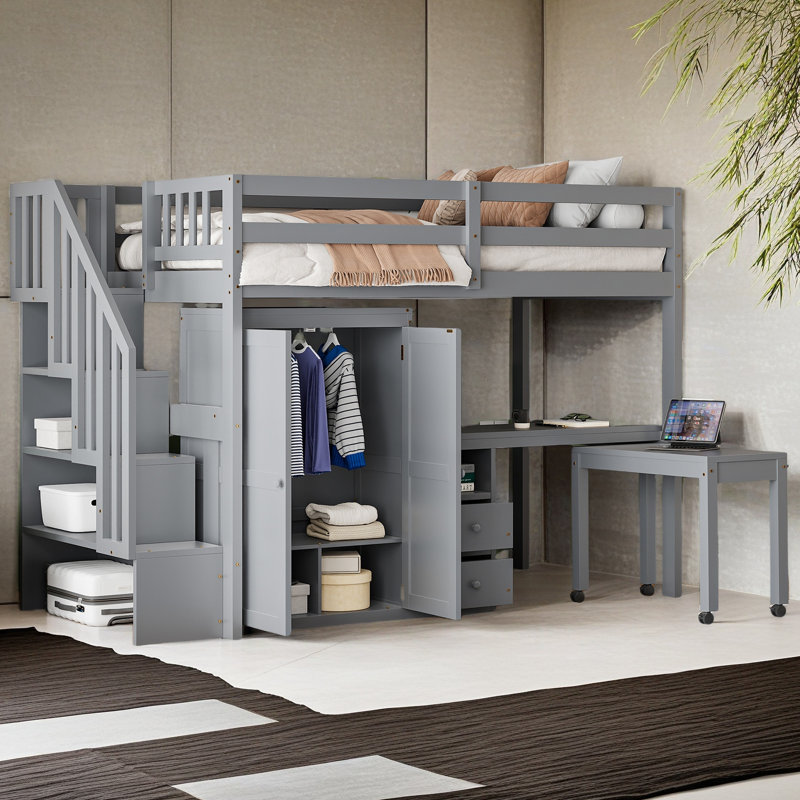 Lit mezzanine avec escalier, Gris, Lit simple