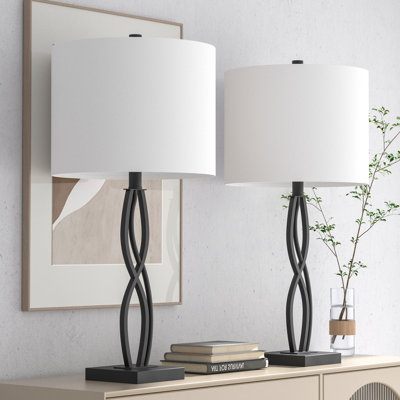 Lampe de table moderne 26 po en métal noir à 3 lumières avec abat-jour cylindrique en lin pour la chambre à coucher et le salon