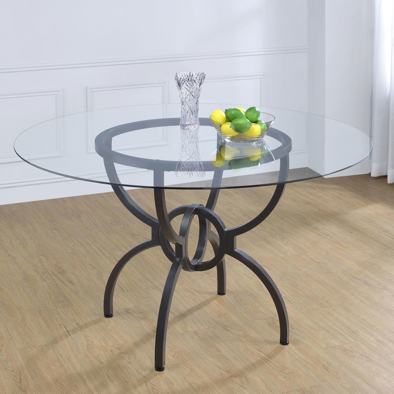 Table de salle à manger ronde de 122 cm (48 pouces) avec plateau en verre trempé transparent de 6 mm, pied central en métal gris anthracite, 4 couverts, style rustique, idéale pour les repas de famille et les petits coins repas.