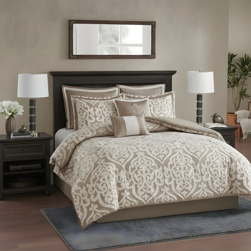 Polyester Jacquard Comforter 8 Piece Set, Tan/Ivory, Queen Comforter + 7 Additional Pieces