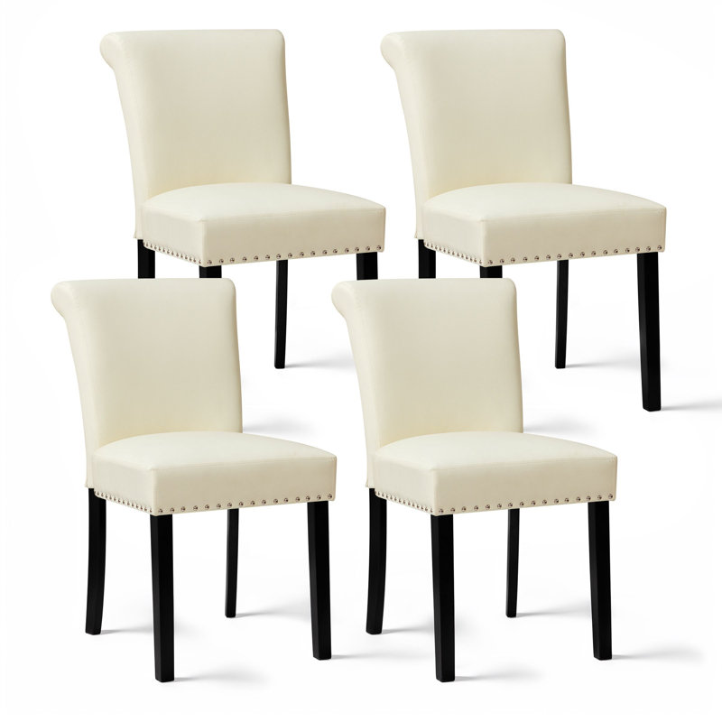 Momordique Nailed Trim Faux Leather Waterproof Upholstered Parsons Dining Chairs, White/Black, 4