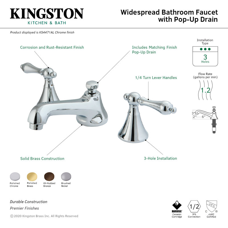 Robinet de salle de bain espacé à deux poignées et 3 poignées à fixation sur le comptoir avec bonde escamotable en laiton Kingston