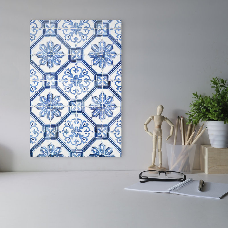 Motif azulejo bleu à motif géométrique classique, 18" H x 12" W
