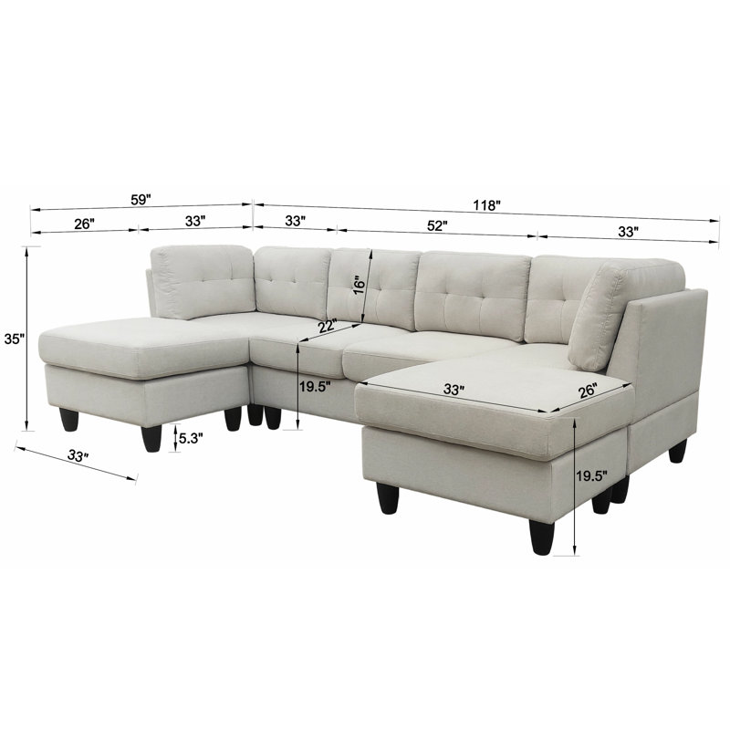 118" W U-Shaped Sectional with 2 Ottomans, Beige Linen