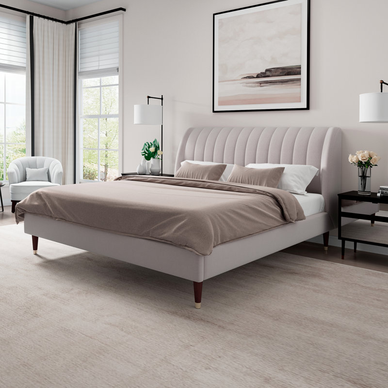 Lit plateforme tapissier beige avec tête de lit à oreilles, Grand