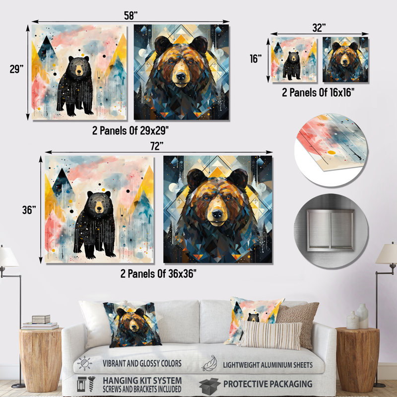 «Creative Grizzly Bear Landscape I» - Ensemble de 2 décorations murales carrées en métal, H 16 po x l 32 po