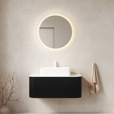 36" Bathroom Vanity&Sink, Floating Curved Edges Striped Plywood Storage Cabinet with Drawer, White Rectangular Ceramic Basin&White Sintered Stone Top, Pre-assembled Black
