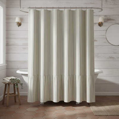 Shower Curtain With Ruffle Hem Linen Shower Curtains Vintage Rustic Natural Fabric Cream-Green Stripe 72" W X 72" L