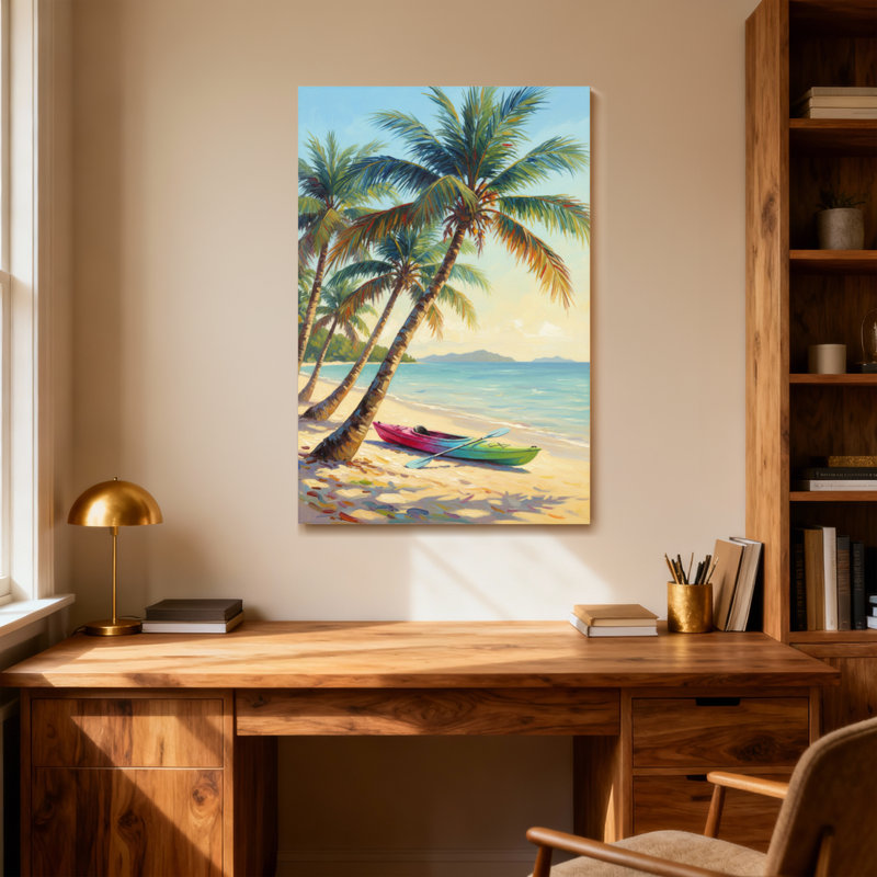 Plantes et fleurs, plage tropicale, palmiers, canots, océan, coucher de soleil, ciel, sable, H 24 po x l 36 po