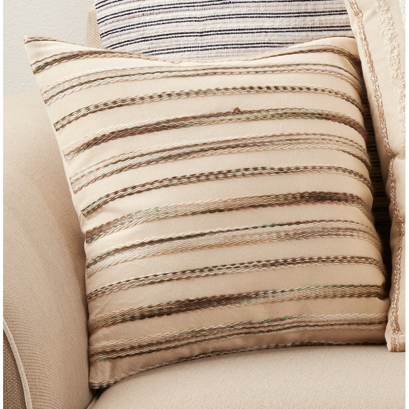 22" Beige and Green Cotton Stripe Weave Pillow Cover