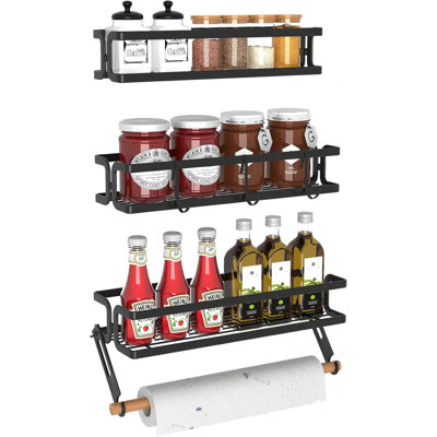 3 Pack Spice Rack Wall Mount With Paper Towel Holder And Hooks, Screw Or Adhesive Hanging Spice Shelf,Space Saving Spice Organizer For Seasonings, Spice Racks For Stove,Cabinet, Pantry Black
