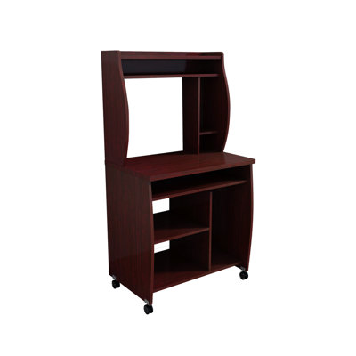 Mahogany Multi-functional Utility Cart – Microwave/computer Cart With Attached Hutch (4 Shelves, Spice Rack), Gliding Utensil/keyboard Tray & Locking Castors
