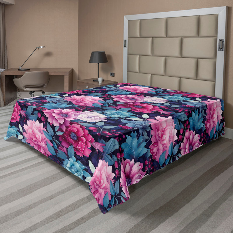 Ambesonne Flowers Flat Sheet Nostalgia Farmhouse, Pale Fuchsia and Turquoise