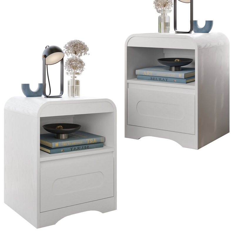 Nightstand Set Of 2, Bedside Table With Drawer Storage And Open Compartment, Nightstands End Table 22" Large Curved Edge Design Night Stands For Bedroom Living Room Sofa Office