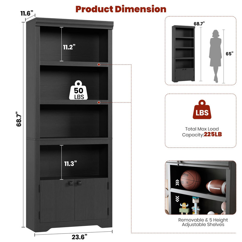 5 Tier Bookshelf,  Farmhouse Bookcase with 2 Doors - Open Display Storage Rack with Anti-Slip Design and Adjustable Shelves