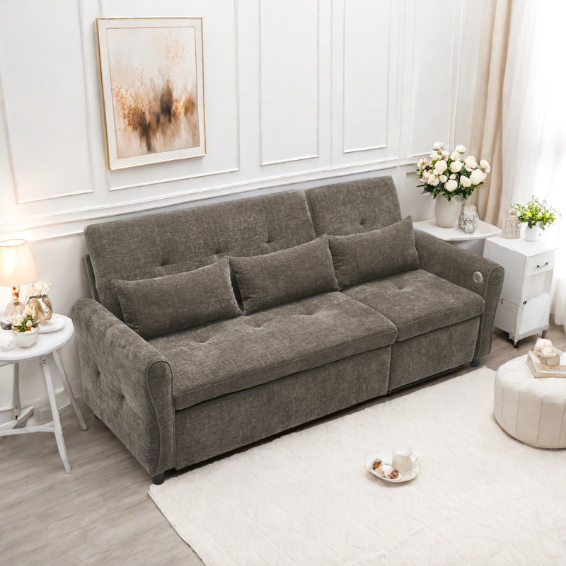 2-in-1 Three-seater Sofa With A Sofa Bed And A Reversible Recliner, Curved Armrests With Tufted Detailing And Usb Charging Ports