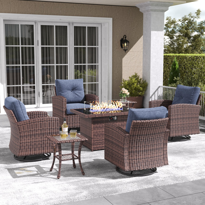 Lark Manor™ 7 Pieces Patio Furniture Set with Swivel Chairs, Rattan Wicker Rocking Glide Chairs with 44" Propane Gas Fire Pit Table Conversation Set