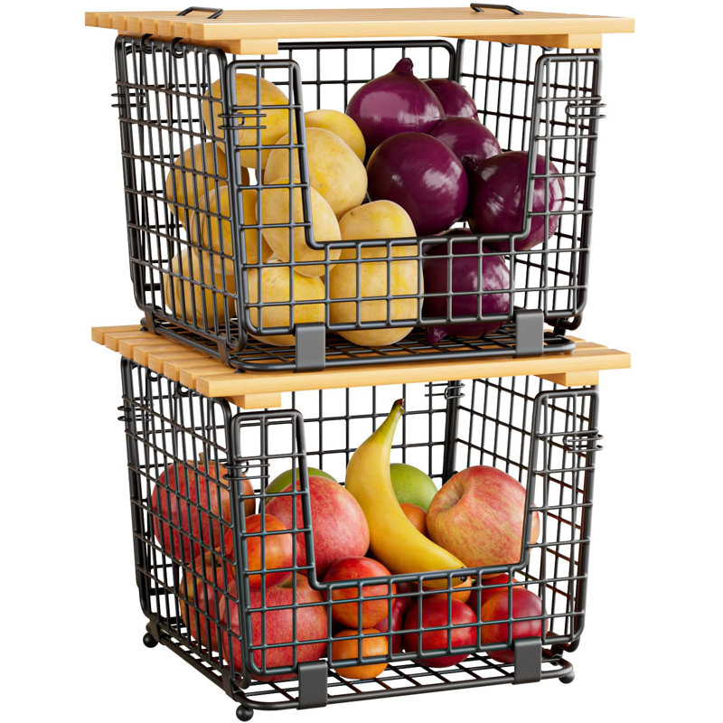Wire Storage Basket For Kitchen Pantry And Counter, Stackable Wire Organizing Bin For Produce, Brown, Bronze