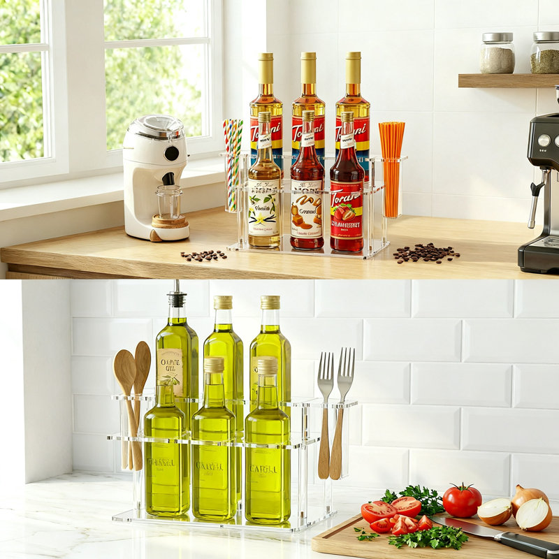 Support à vin, support de comptoir pour 6 bouteilles avec porte-paille latéral, 2 niveaux, (transparent)