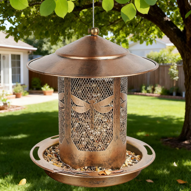 Mangeoire d'oiseaux en métal pour suspendre à l'extérieur - Mangeoire d'oiseaux décorative à motif de libellules pour patio de jardin, résistante aux écureuils avec remplissage facile et conception épurée