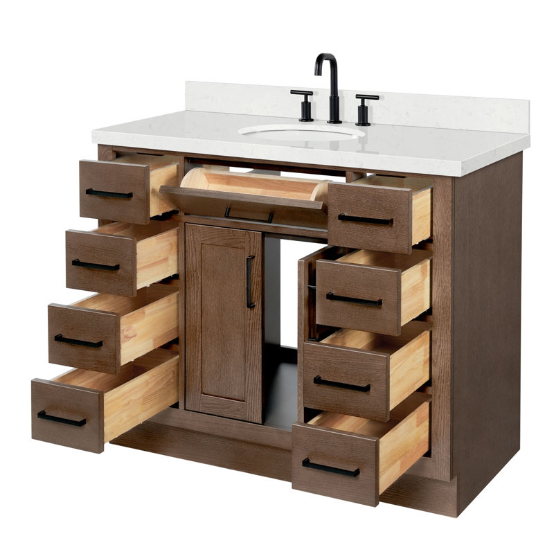Thornaby 42'' Solid Wood Single Bathroom Vanity with 1.5'' Carrara Quartz Top, Oval, Brown Oak / Matte Black