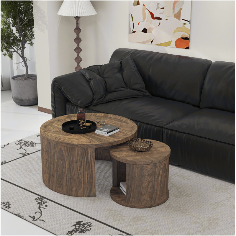 Ensemble de 2 tables basses rondes gigognes rondes, petite table d'appoint empilable de 18,5 po avec plateau en bois et petite table centrale minimaliste pour le salon et la chambre à coucher