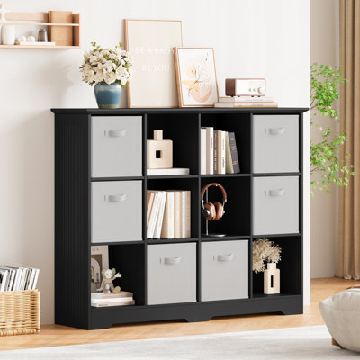 48"W 12-Cube Bookcase with 6 Foldable Storage Bins