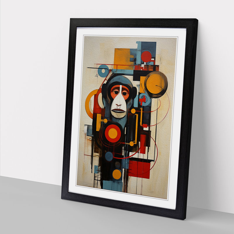 XYZ-FRM-V1223-4533 Monkey Constructivism No.4 - Single Picture Frame Print on Wood, 46cm H x 34cm W x 2cm D, Black