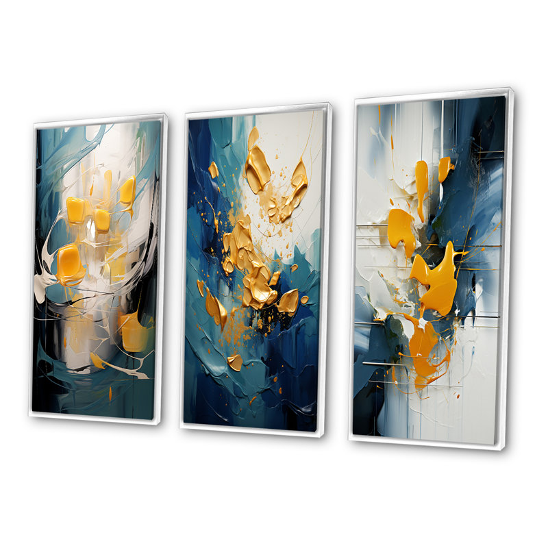 Sudden Happiness abstrait bleu sarcelle et jaune - ensemble de 3 impressions, Cadre blanc, H 40 po x l 60 po