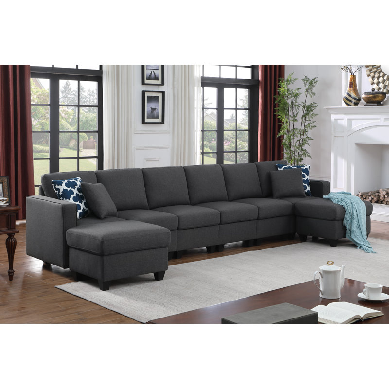 Jessica 148.5" Wide Modular Sofa with Ottoman, Dark Gray Linen
