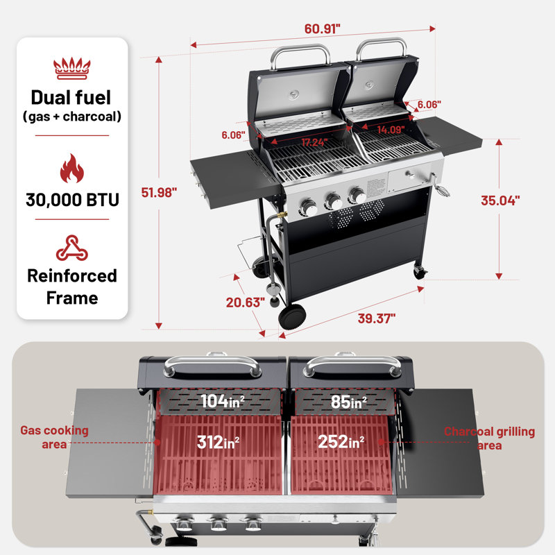 Barbecue au propane et barbecue au charbon pour la cuisine en plein air, 3 brûleurs, grilles en fonte émaillée de porcelaine, tablettes latérales pliables, barbecue à carburant double pour patio, cour arrière, camping
