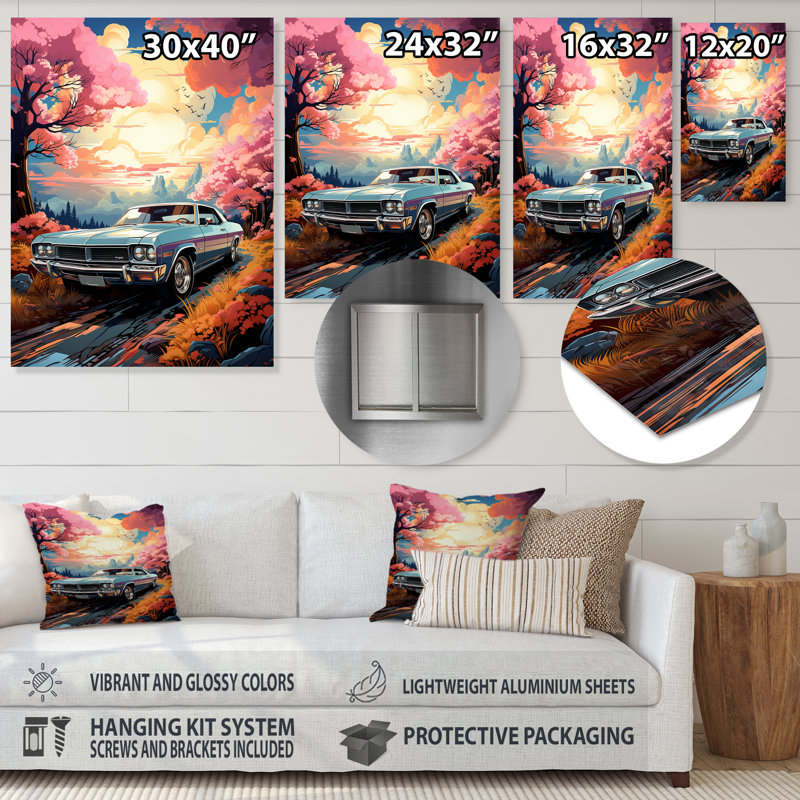 Rose Cadillac Car At Sunset I - Car Muscle Car, art mural en métal, H 40 po x l 30 po x P 1,5 po