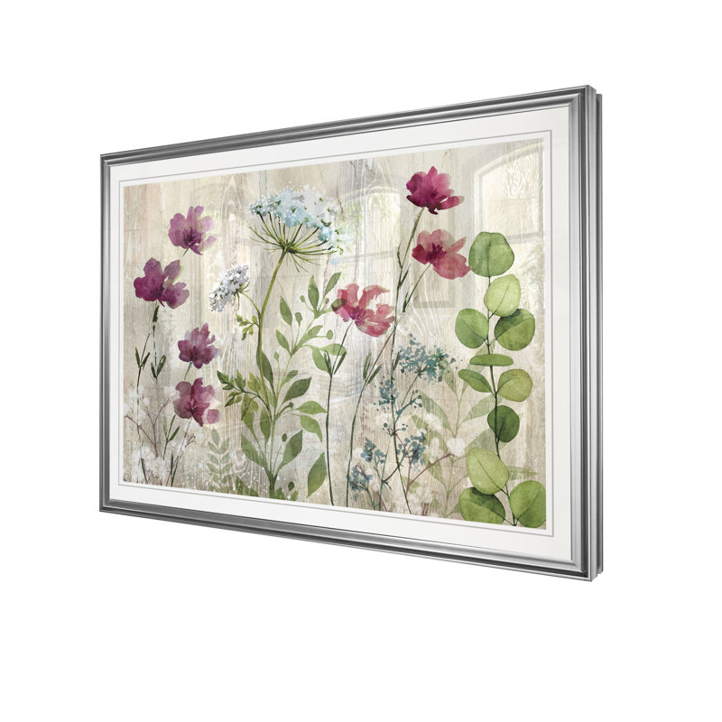 « pré fleur », reproduction d’impression, H 22 po x l 30 po x P 1,5 po, Cadre argenté
