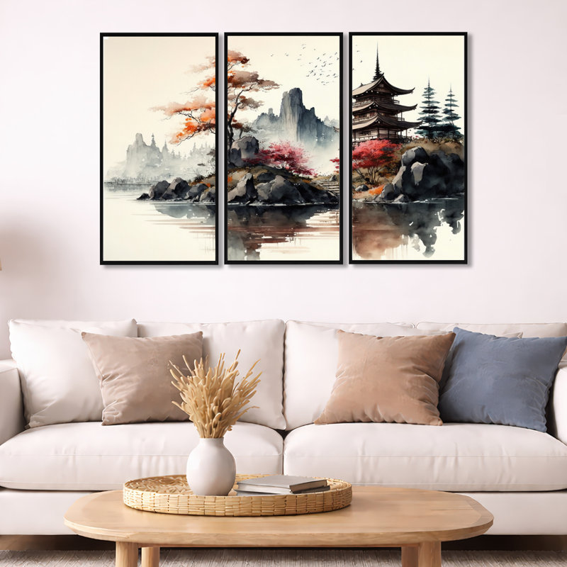 Aquarelle, paysage japonais I - ensemble d'art mural moderne sur toile, Cadre flottant noir, H 28 po x l 36 po