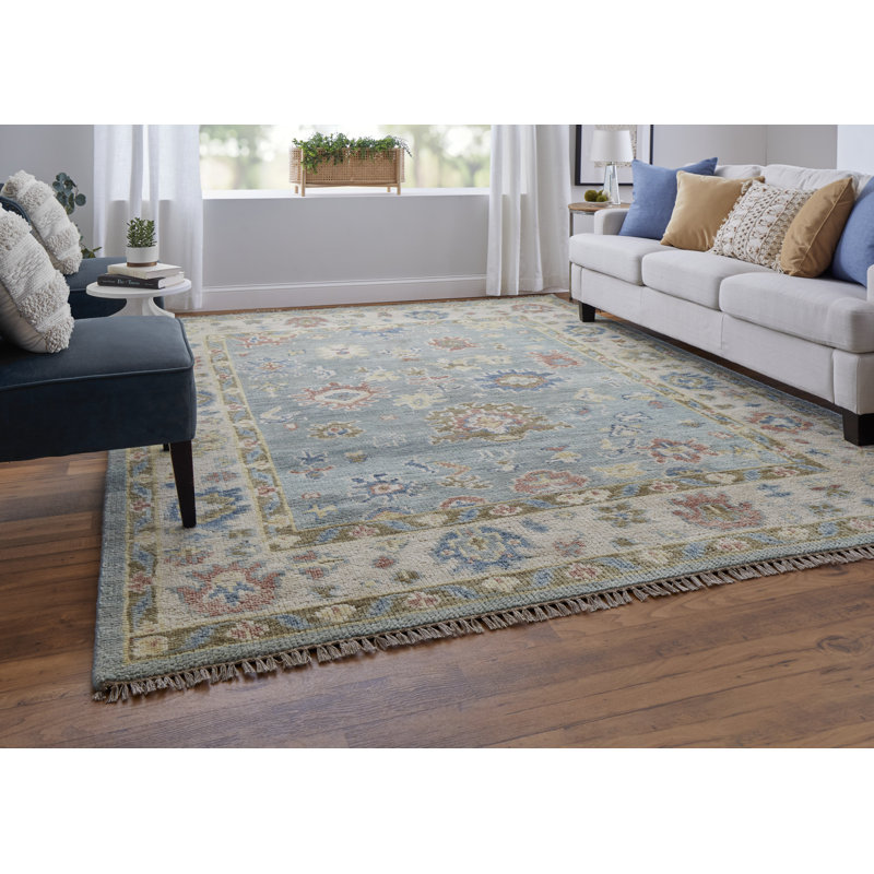 Abinesh Wool Floral Area Rug, Rectangle 2' x 3', Blue/Ivory