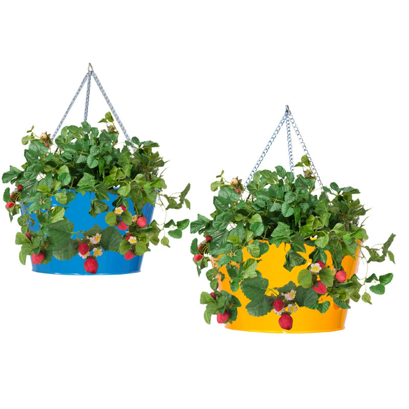 Luola Handmade Metal Hanging Planter, Blue/Saffron, 2