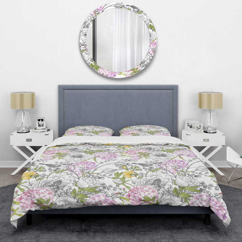 Feuille verte et roses roses - Ensemble de housse de couette floral - Polyester en microfibre