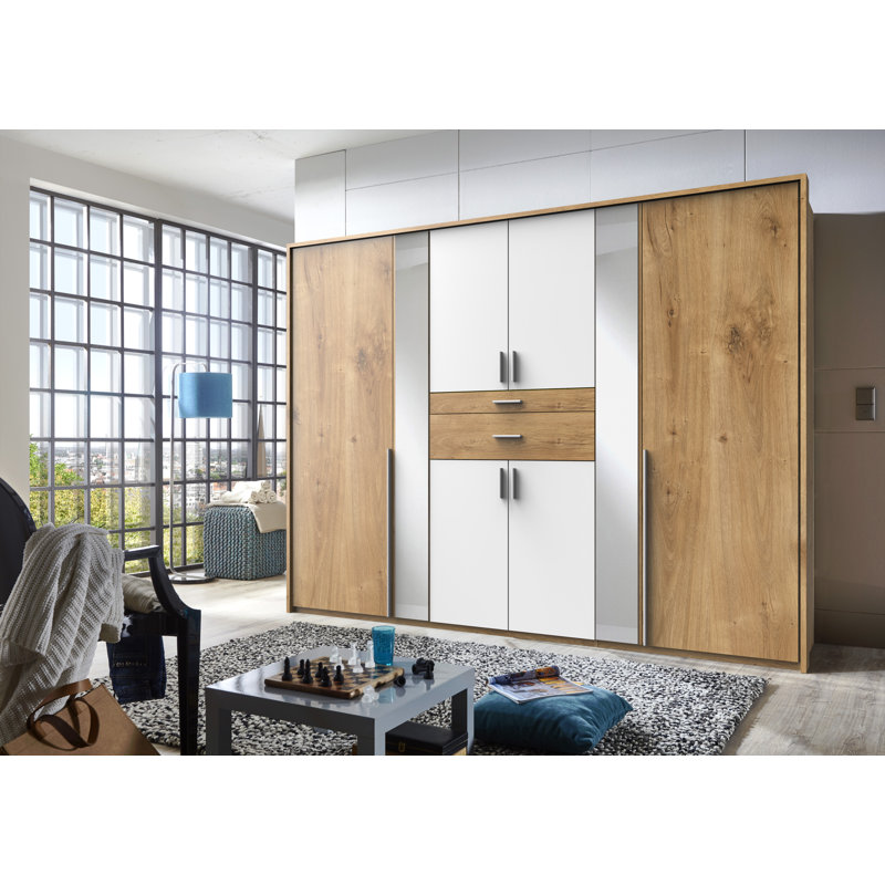 Adelaida 6 Door Manufactured Wood Wardrobe, White/Light Brown, 210cm H x 270cm W x 58cm D