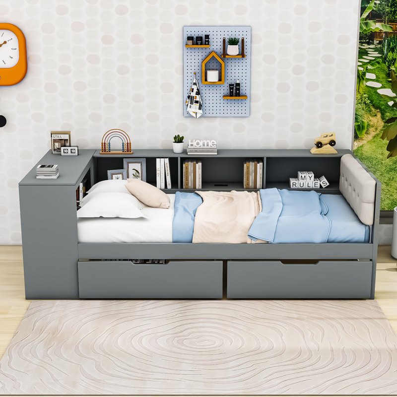 Lit de jour avec tête de lit tapissier, bureau intégré, tiroirs, tablettes et station de charge, Simple, Gris