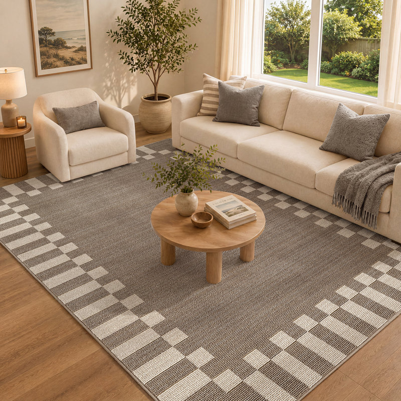 Fifth Avenue Check Border Rug, Brown,Off-White,Beige, Rectangle 152 x 225 cm