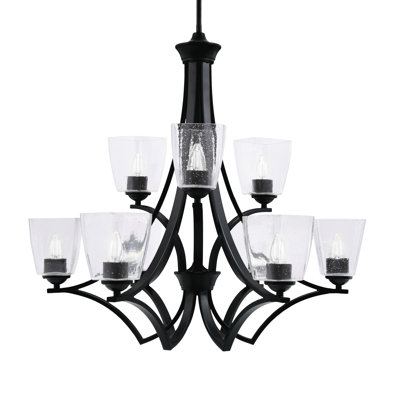 Zilo 9 Light Uplight Chandelier Shown In Matte Black Finish With 4.5” Square Clear Bubble Glass