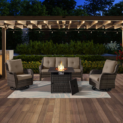 Schutt Outdoor 5 Person Rattan Sofa Seating Group with Patio Rocking & Swivel Chairs, Fire Pit and Cushions by Red Barrel Studio