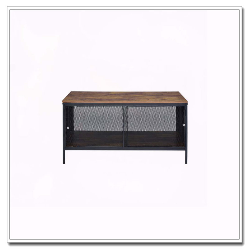 Table basse en chêne antique et noir avec 4 portes coulissantes