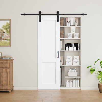 Panneau de porte entièrement assemblé, porte de grange coulissante, apprêt blanc, portes de placard en bois massif avec trousse de quincaillerie d'installation