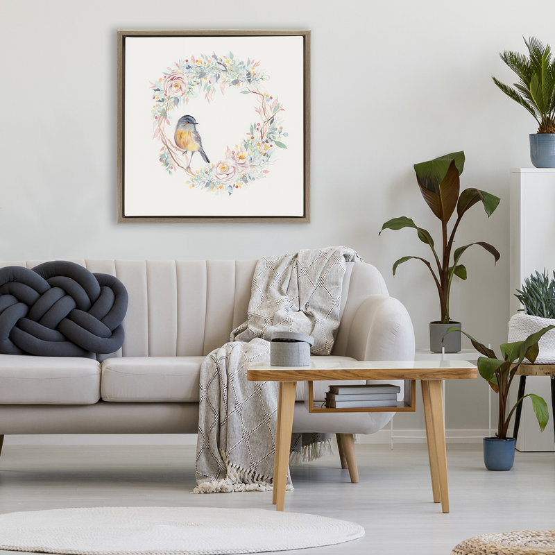 Oiseau de printemps sur cadre flottant couronne de fleurs, design par Cady, H 25 po x l 25 po, Cadre flottant orme Montalcino