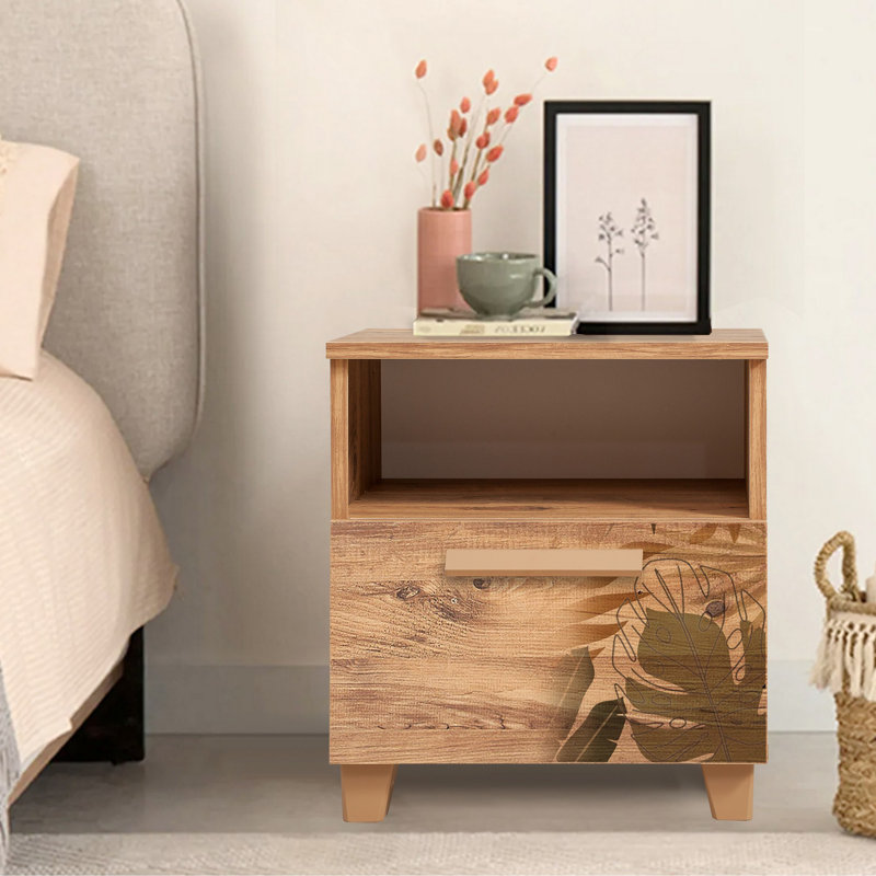 Elegant Nightstand with Wall-Mount Option, Atlantic Pine Finish, 17.7 x 20.5 x 15.7 inches | 100% Melamine Coated Particle Board, PVC Edge Banding, MDF Handles, Ample Shelves for Additional Storage | Modern Impressionist Design